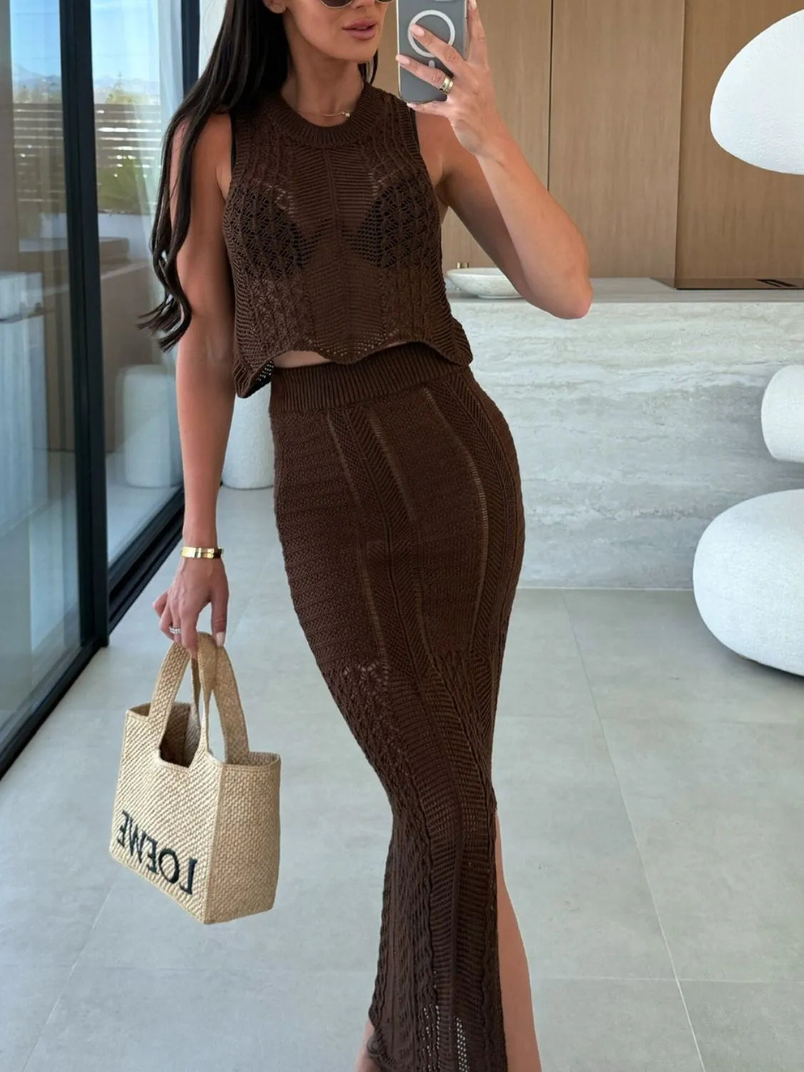 Openwork Round Neck Top and Slit Skirt Sweater Set Easy Apparels