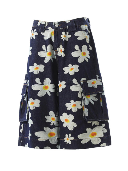 Men's Floral Print Denim Cargo Shorts Dark Blue Easy Apparels