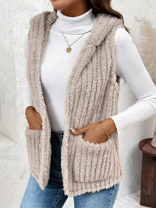 Fuzzy Hooded Vest with Pockets Dust Storm Easy Apparels
