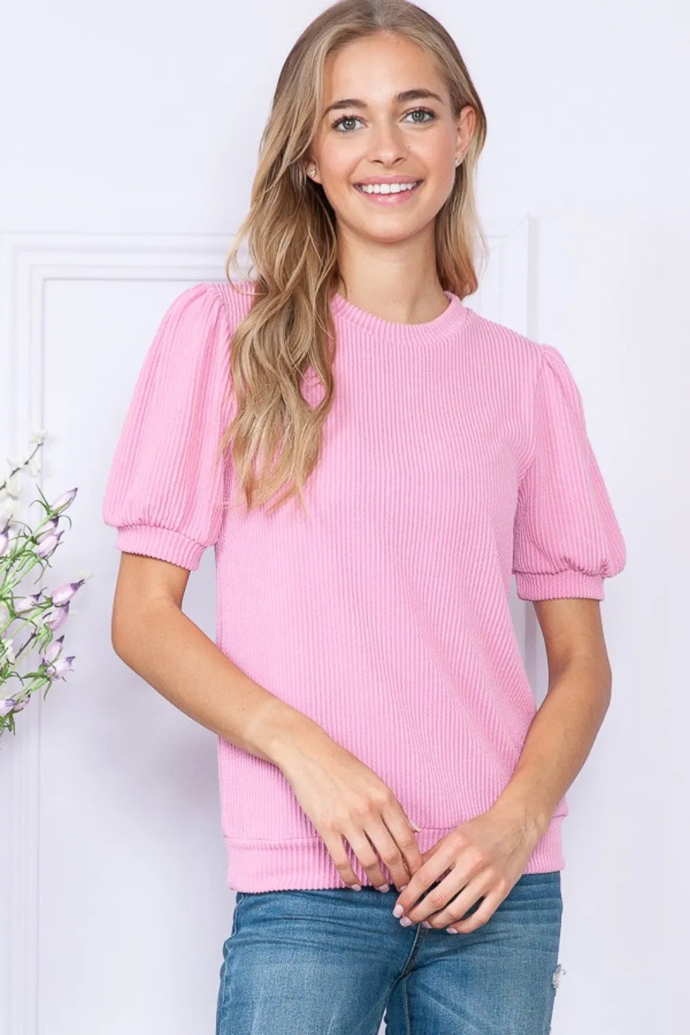 Trendsi Reborn J Ribbed Round Neck Short Sleeve Top PINK
