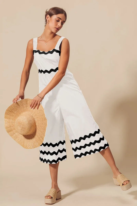 SO ME Scallop Ric Rac Trimmed Wide Leg Jumpsuit IVORY BLACK Easy Apparels