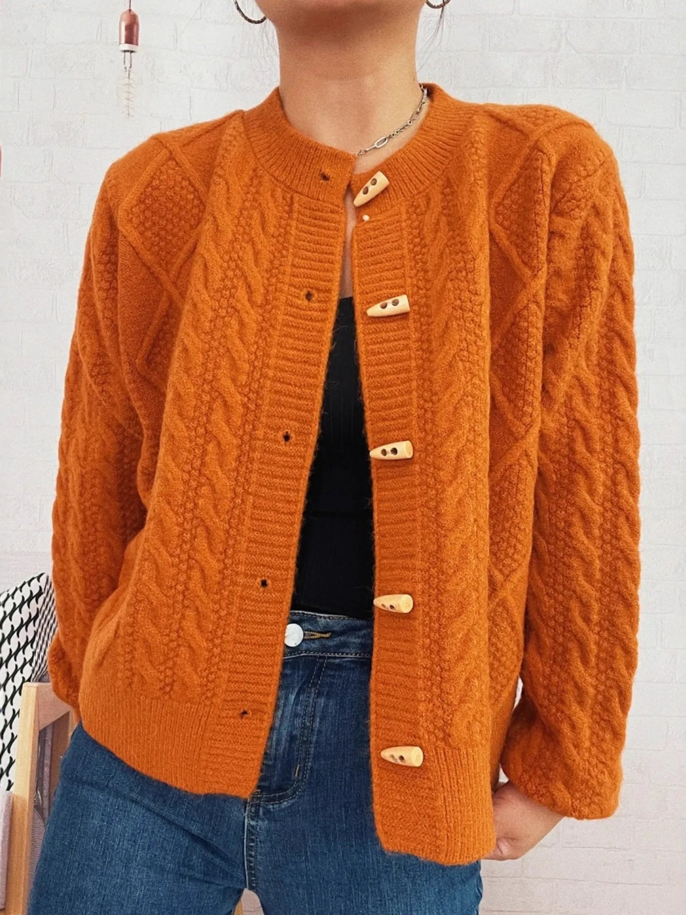 Cable Knit Button-Up Cardigan Easy Apparels