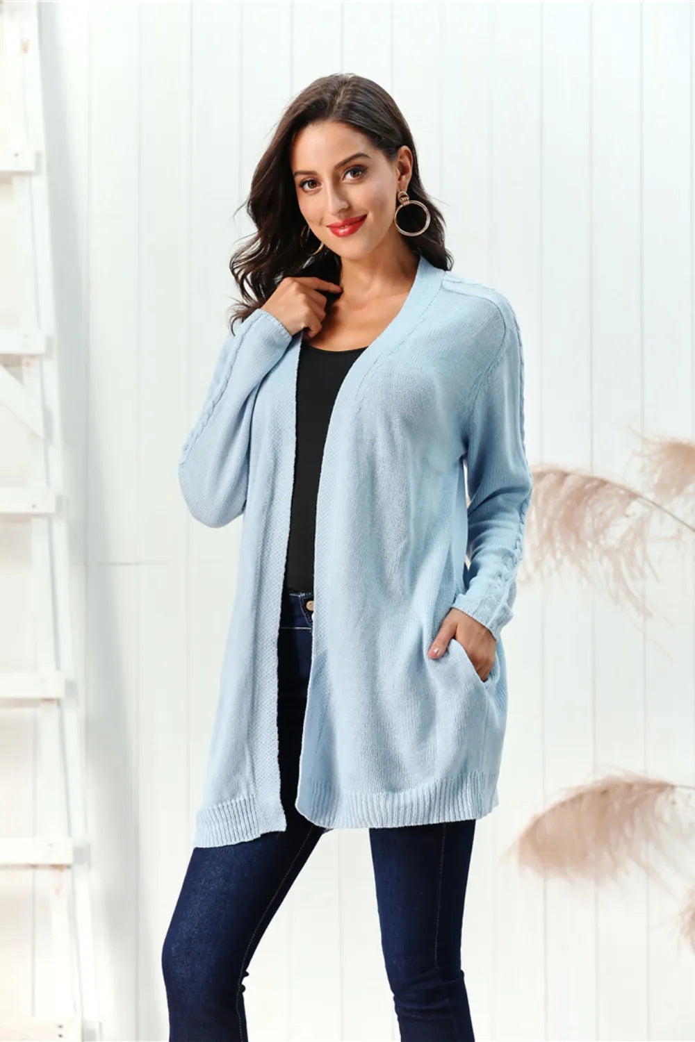 Cable-Knit Open Front Long Sleeve Cardigan Easy Apparels