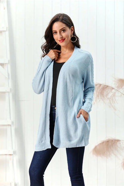 Cable-Knit Open Front Long Sleeve Cardigan Easy Apparels