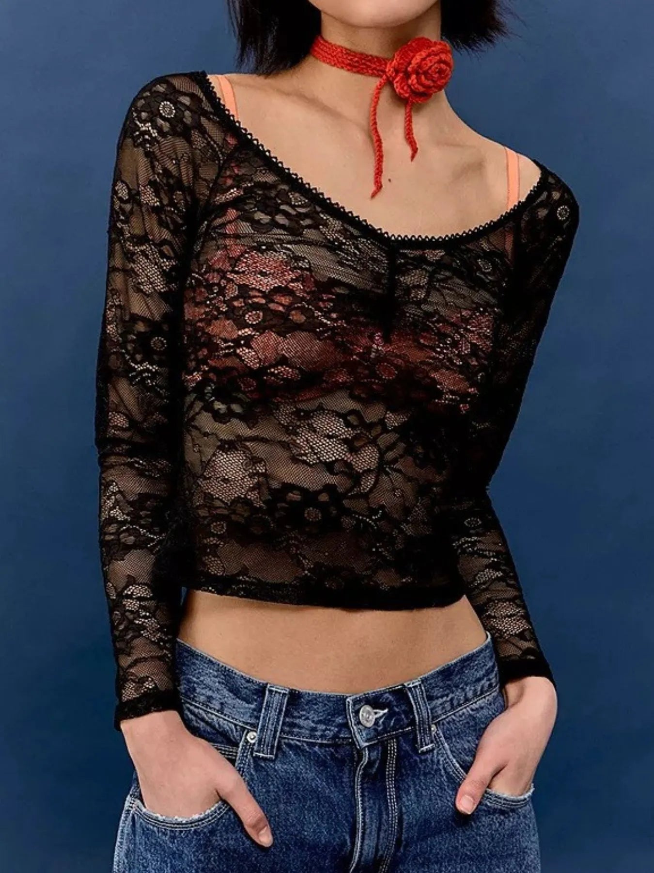 Trendsi Lace Sheer Long Sleeve T-Shirt