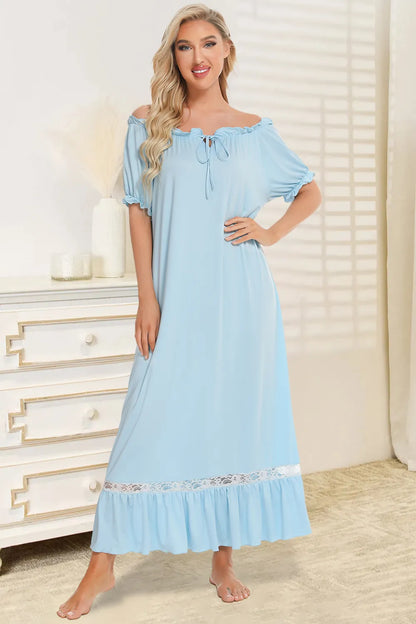 Lace Detail Short Sleeve Lounge Dress Light Blue Easy Apparels