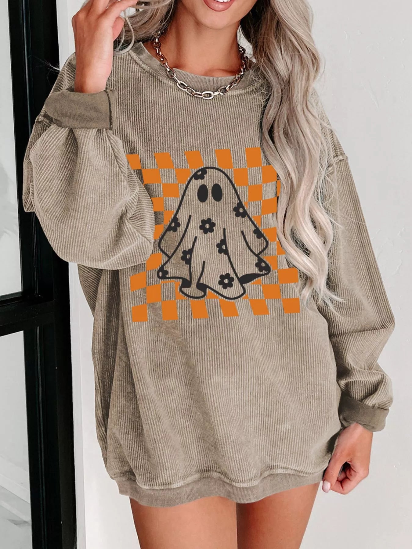 Halloween Checkerboard Floral Ghost Graphic Corded Sweatshirt Easy Apparels