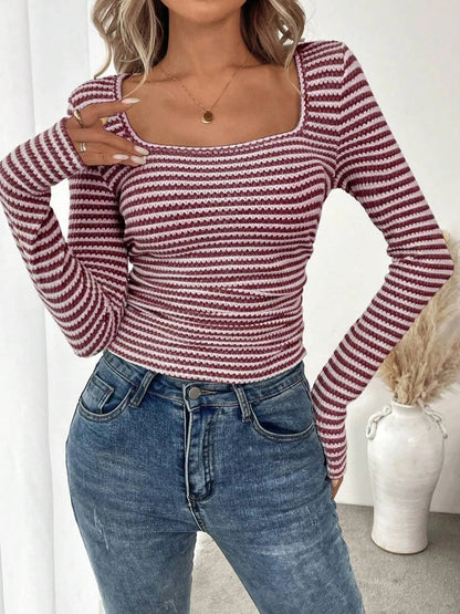 Trendsi Striped Square Neck Long Sleeve T-Shirt