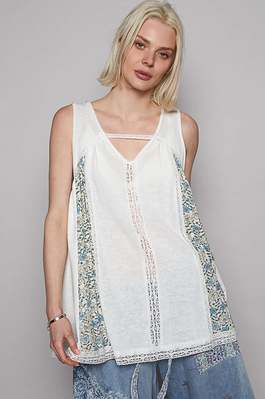 Trendsi POL V Neck Sleeveless Tank Top with Lace Detail OFFWHITE