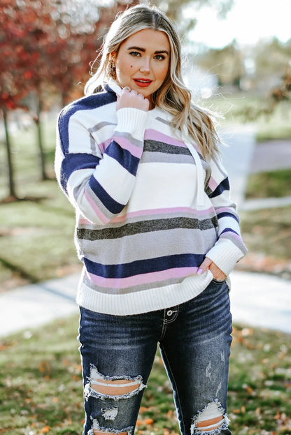 Plus Size Striped Long Sleeve Hooded Sweater Easy Apparels