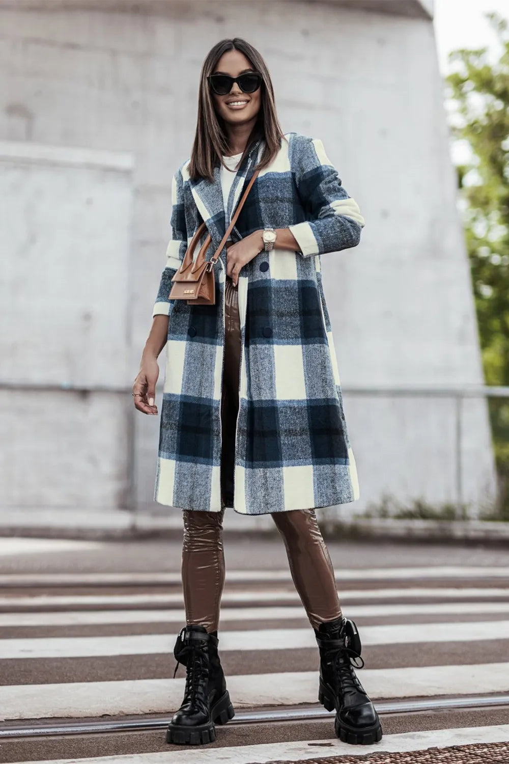 Double Take Full Size Plaid Button Up Lapel Collar Coat Peacock Blue Easy Apparels