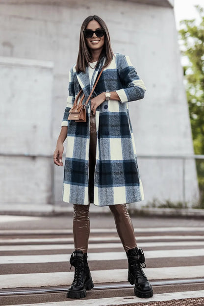Double Take Full Size Plaid Button Up Lapel Collar Coat Peacock Blue Easy Apparels