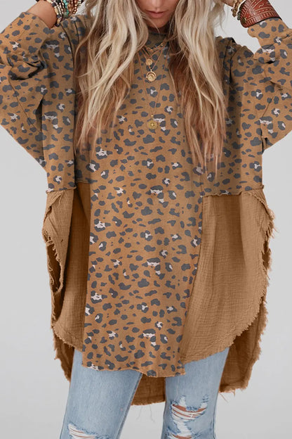 Trendsi Textured Leopard Dropped Shoulder Blouse Mocha