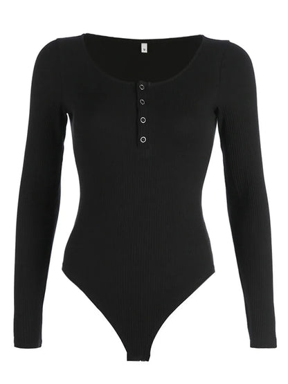 Trendsi Quarter Snap Ribbed Round Neck Long Sleeve Bodysuit