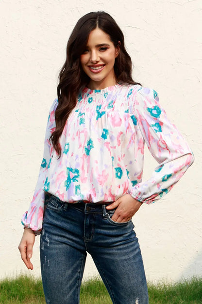 Trendsi Floral Smocked Balloon Sleeve Round Neck Blouse Multicolor