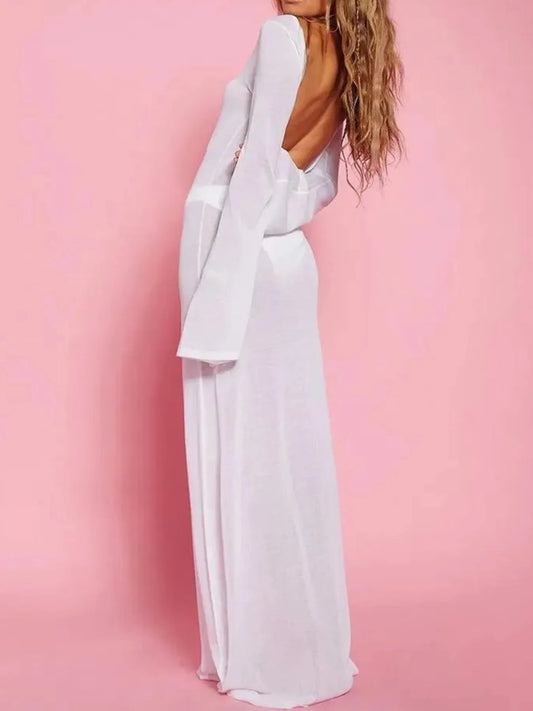 Backless Long Sleeve Maxi Cover-Up White Easy Apparels