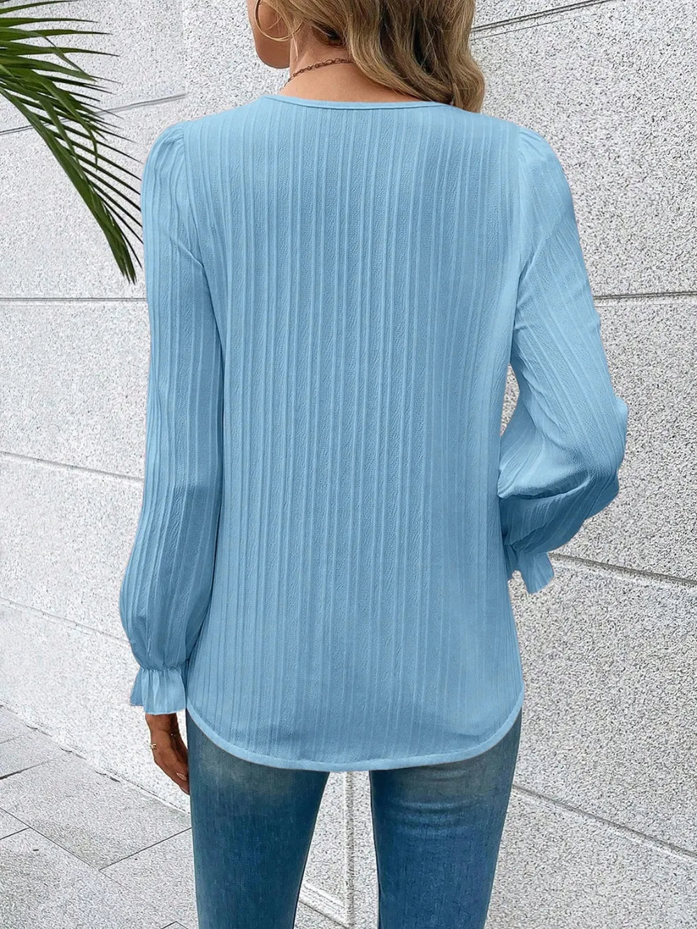 Trendsi V-Neck Lace Detail Flounce Sleeve Blouse