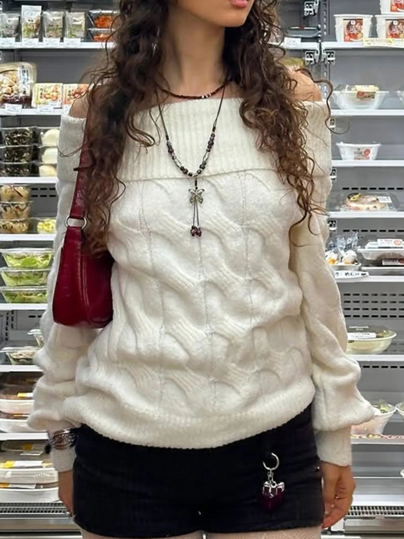 Trendsi Cable Knit Off-Shoulder Sweater