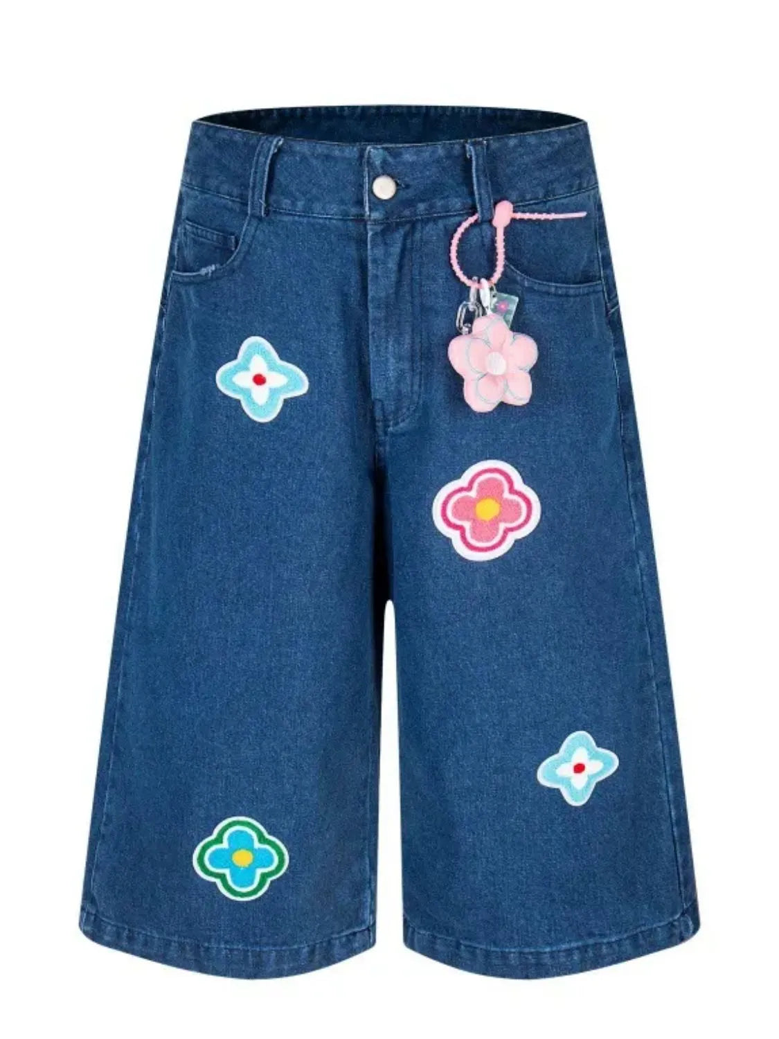 Men's Flower Patch Denim Shorts Nostalgic Dark Blue Easy Apparels