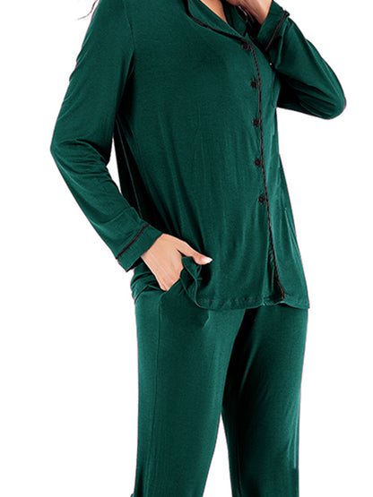 Collared Neck Long Sleeve Loungewear Set with Pockets Easy Apparels
