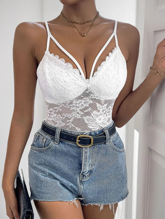 Trendsi Perfee Spaghetti Strap Lace Bodysuit White