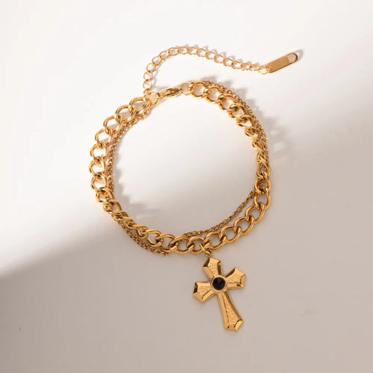 Stainless Steel Imitation Gemstone Cross Shape Pendant Bracelet Gold One Size Easy Apparels