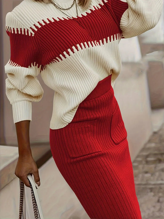 Two-Tone Ribbed Knit Top and Skirt Sweater Set Red Easy Apparels
