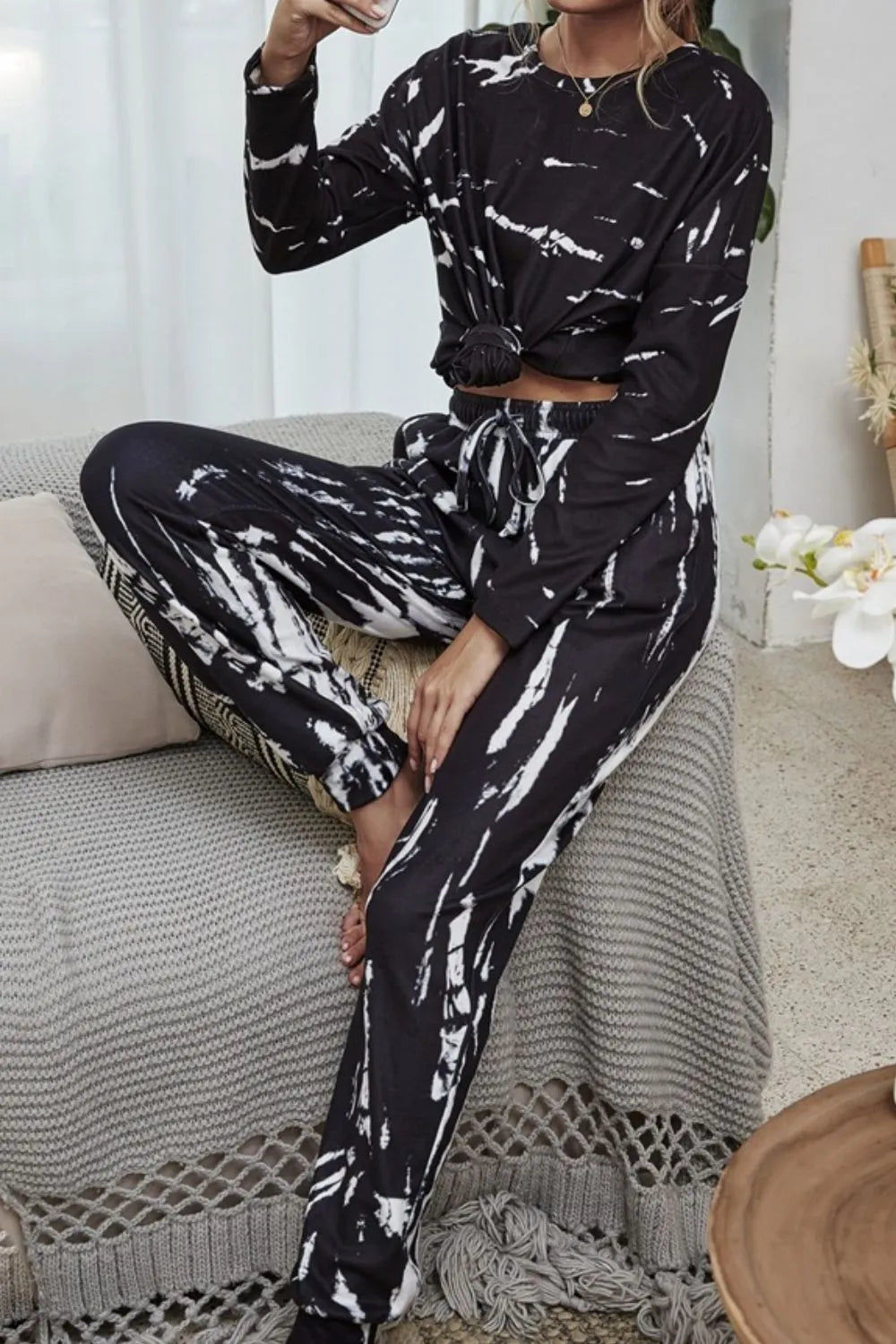 Shiny Tie-Dye Round Neck Top and Drawstring Waist Joggers Lounge Set Easy Apparels