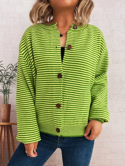 Striped Button Up Long Sleeve Cardigan Easy Apparels