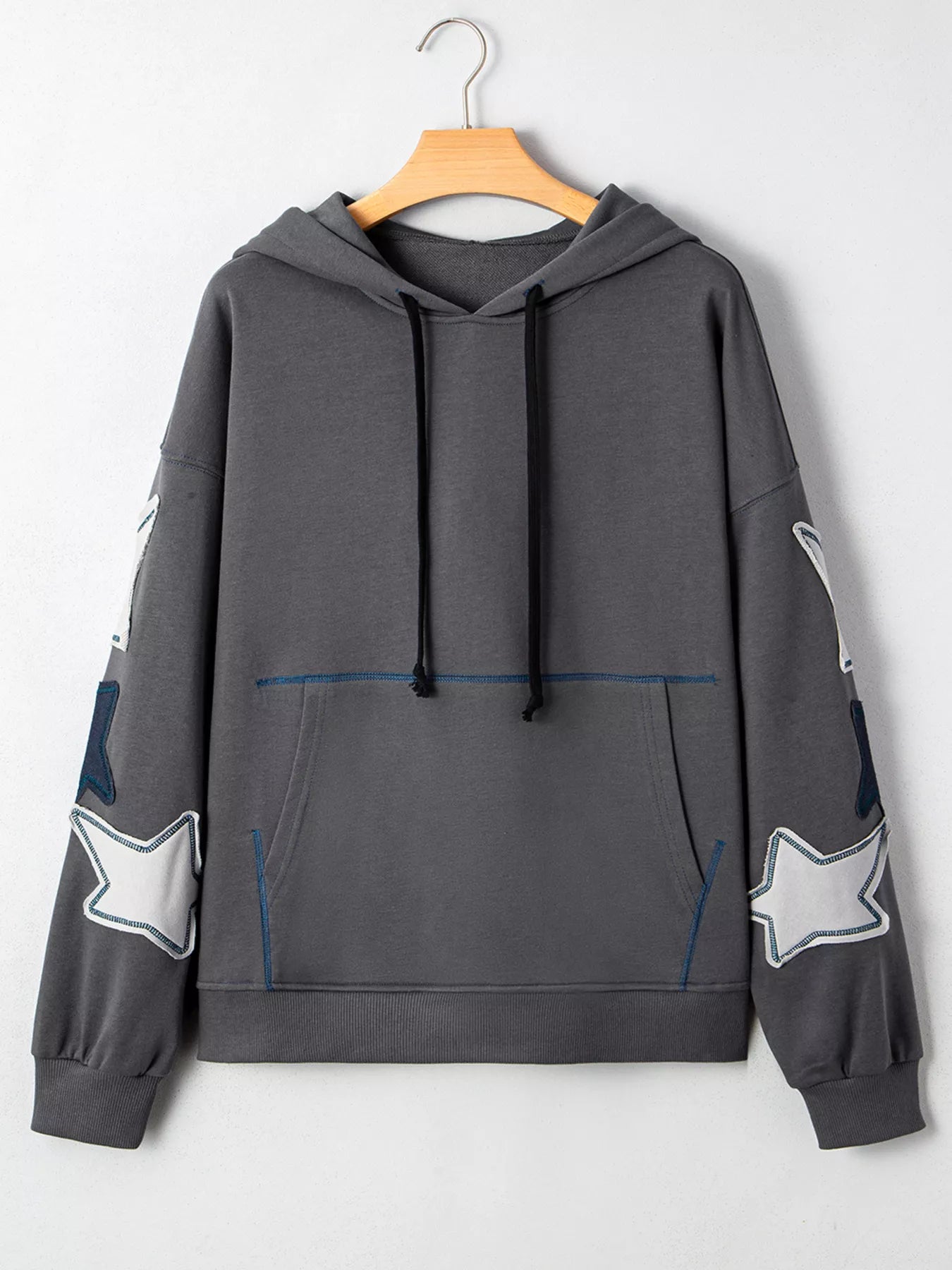 Trendsi Star Patchwork Contrast Stitching Mineral Wash Kangaroo Pocket Hoodie