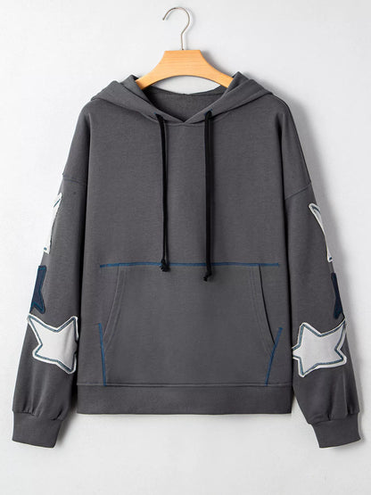 Trendsi Star Patchwork Contrast Stitching Mineral Wash Kangaroo Pocket Hoodie