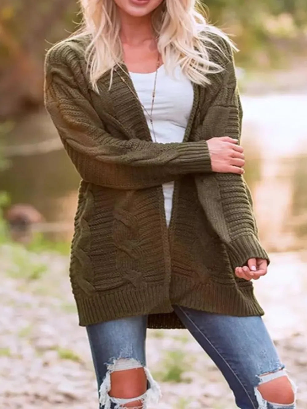 Cable-Knit Open Front Long Sleeve Cardigan Army Green Easy Apparels