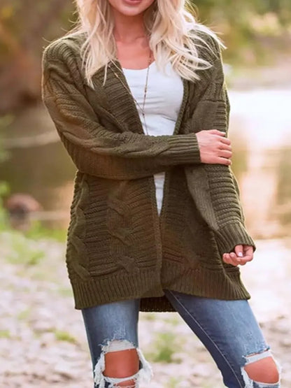 Cable-Knit Open Front Long Sleeve Cardigan Army Green Easy Apparels