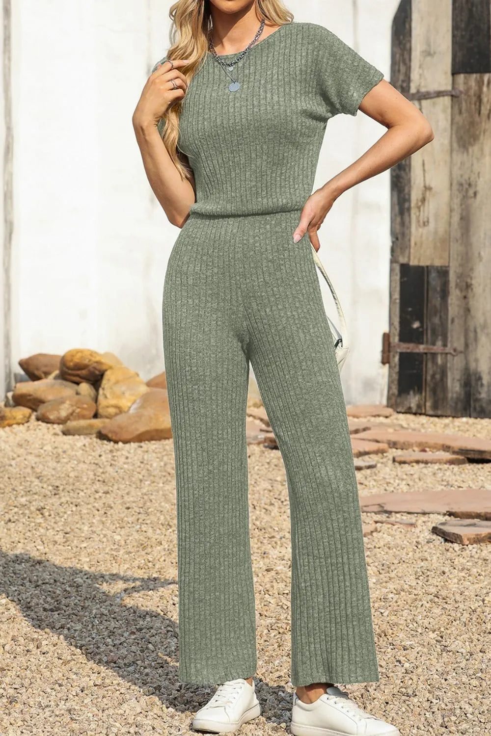 Ribbed Short Sleeve Wide Leg Jumpsuit Easy Apparels