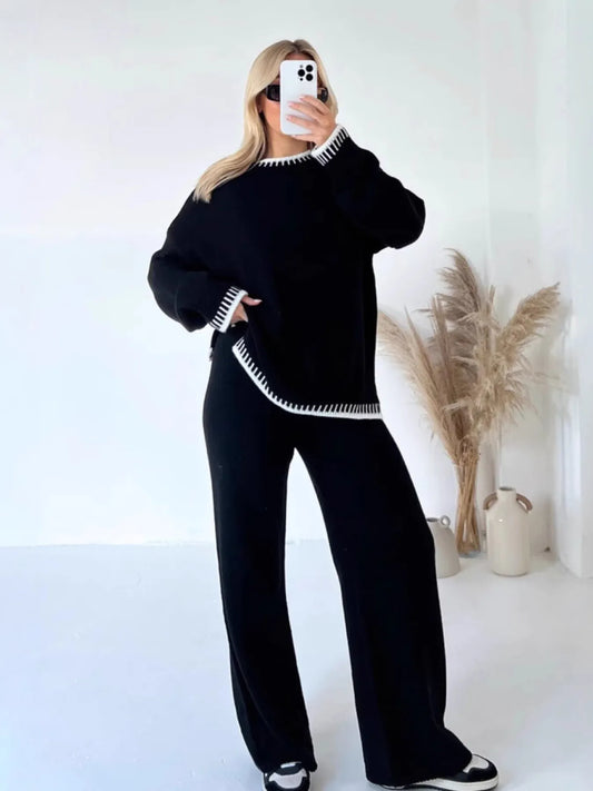 Contrast Trim Round Neck Top and Pants Sweater Set Black Easy Apparels