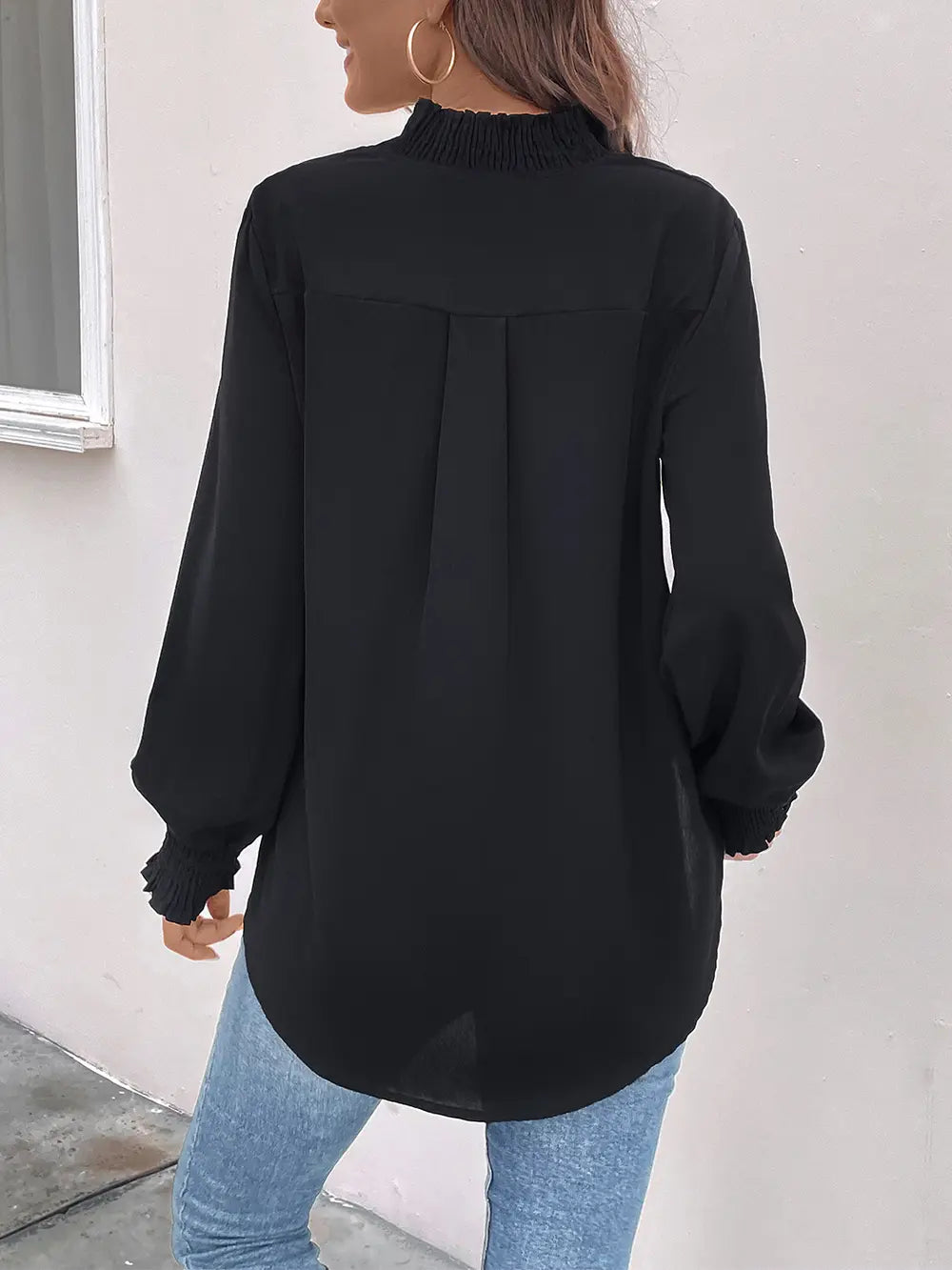 Trendsi Perfee Smocked Notched Long Sleeve Blouse