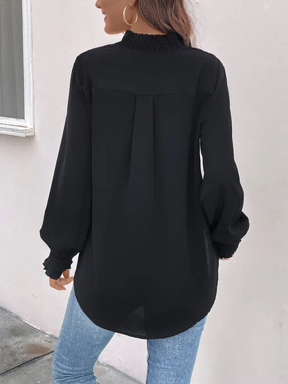Trendsi Perfee Smocked Notched Long Sleeve Blouse