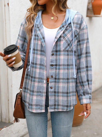 Trendsi Plaid Button-Up Hooded Shirt