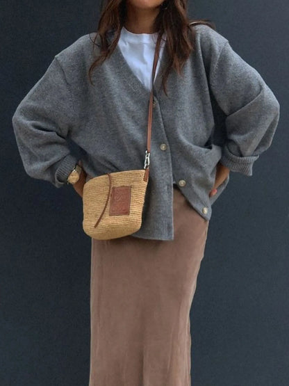 Button-Front Long Sleeve Cardigan Gray Easy Apparels
