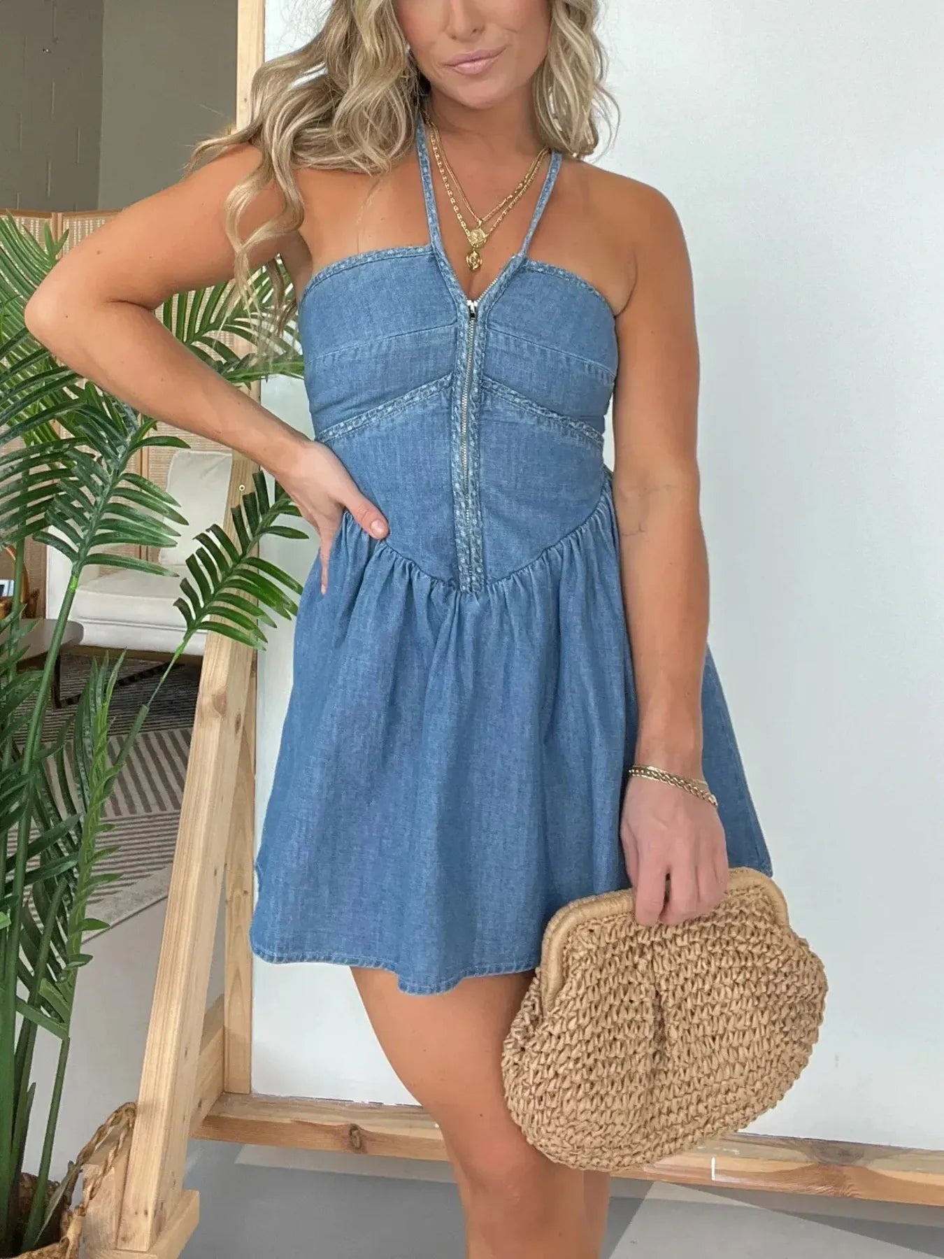 Full Size Lace Up Halter Neck Denim Dress Plus Size Easy Apparels