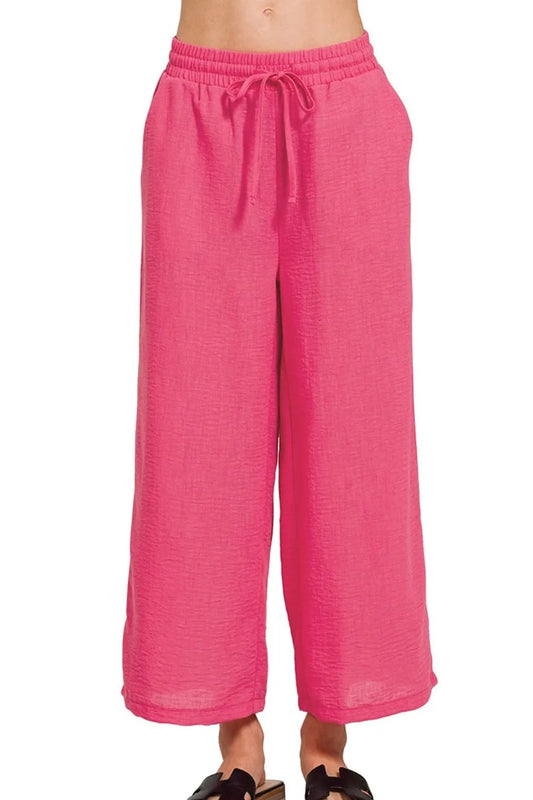 Zenana Woven Crepe Elastic Band Waist Cropped Pants FUCHSIA Easy Apparels