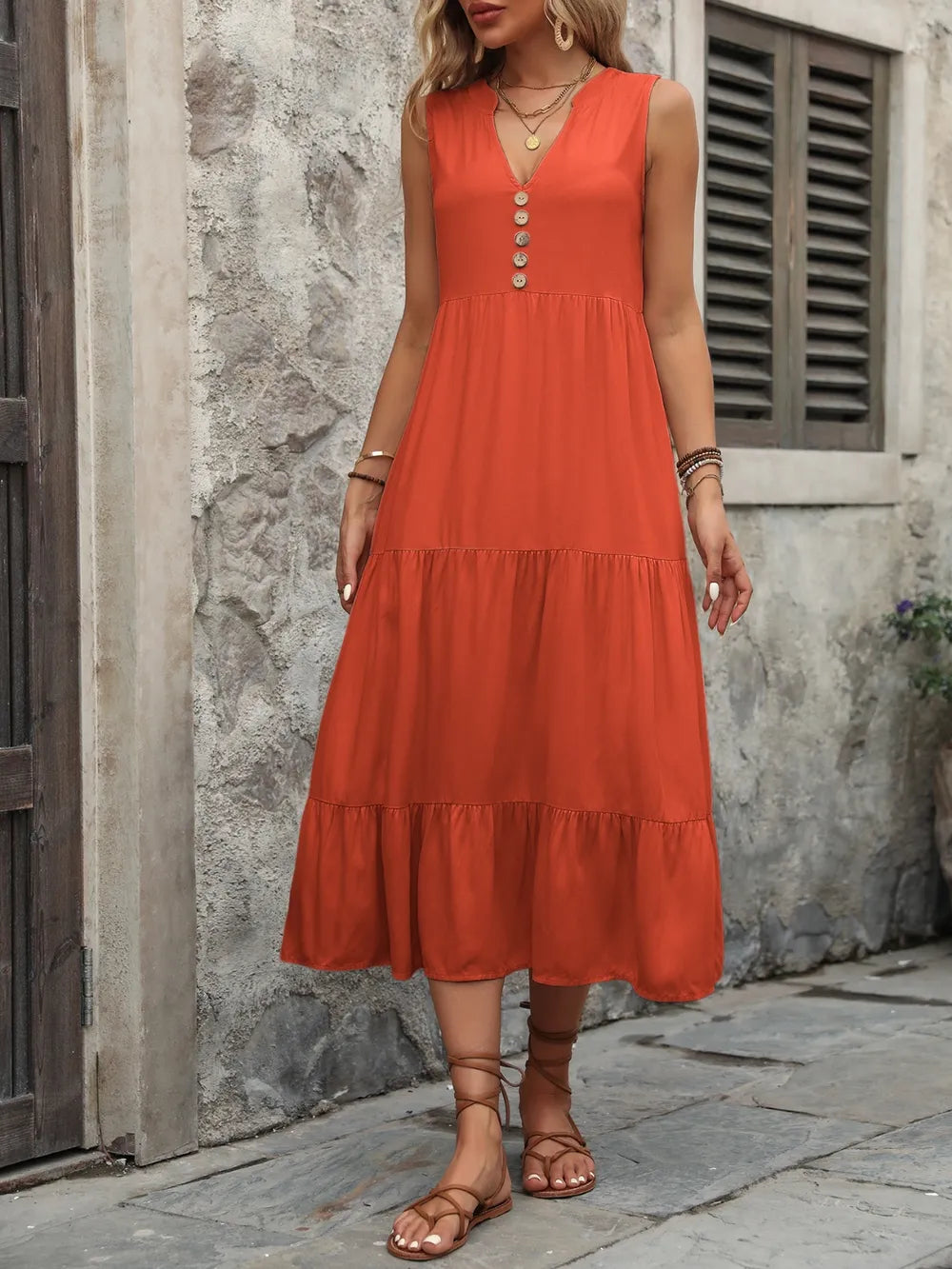 Ivy Lane Decorative Button Notched Sleeveless Dress Easy Apparels