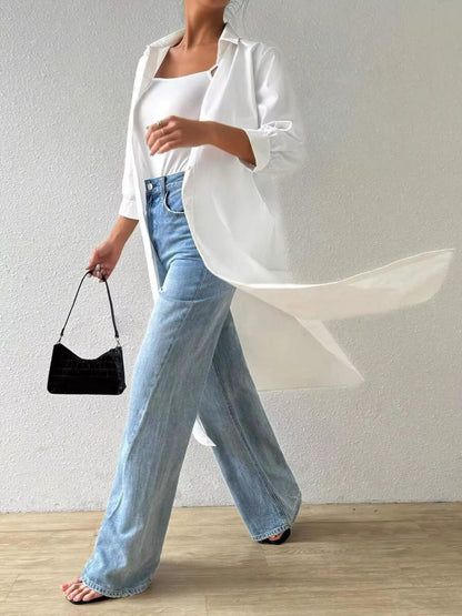 Trendsi Button-Up Long Sleeve Longline Shirt