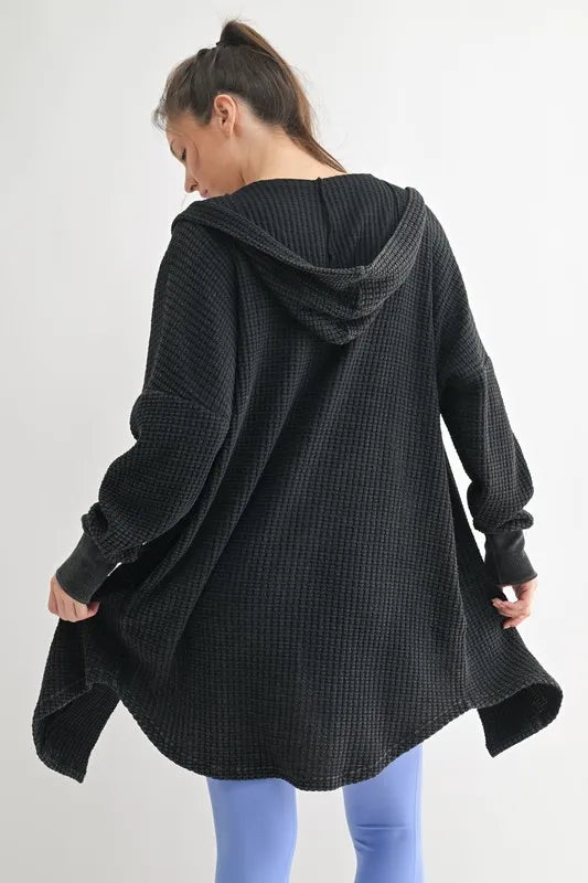 MONO B Chunky Waffle Mineral Wash Hooded Open Cardigan Easy Apparels