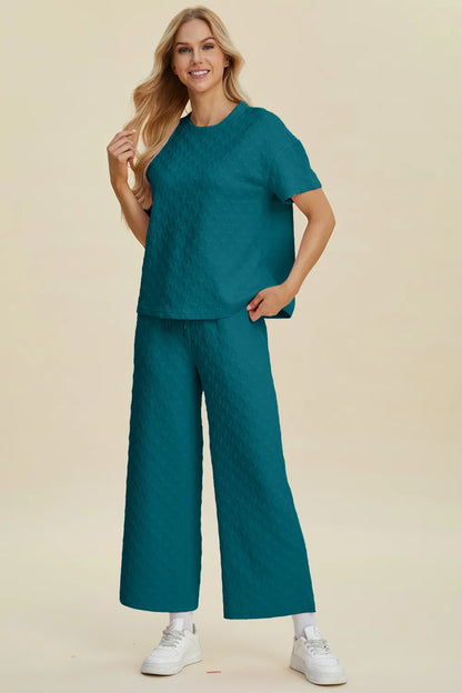 Double Take Full Size Texture Round Neck Short Sleeve Top and Pants Set Easy Apparels