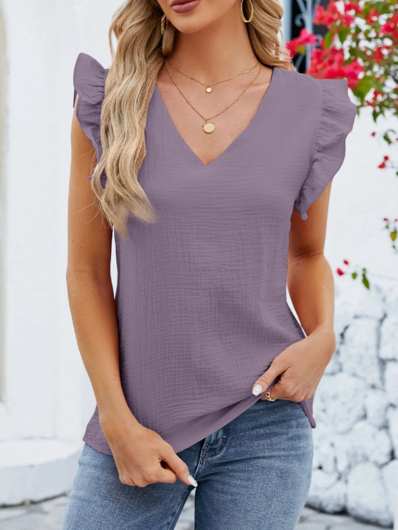 Trendsi V-Neck Ruffled Sleeve Top
