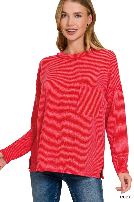 Trendsi Zenana Long Sleeve Drop Shoulder Rib Top RUBY
