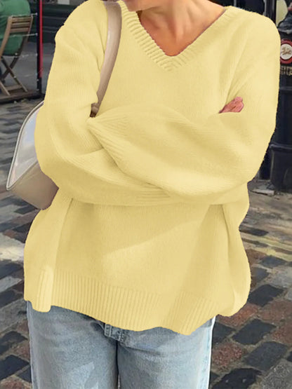 Trendsi V-Neck Long Sleeve Sweater Light Yellow