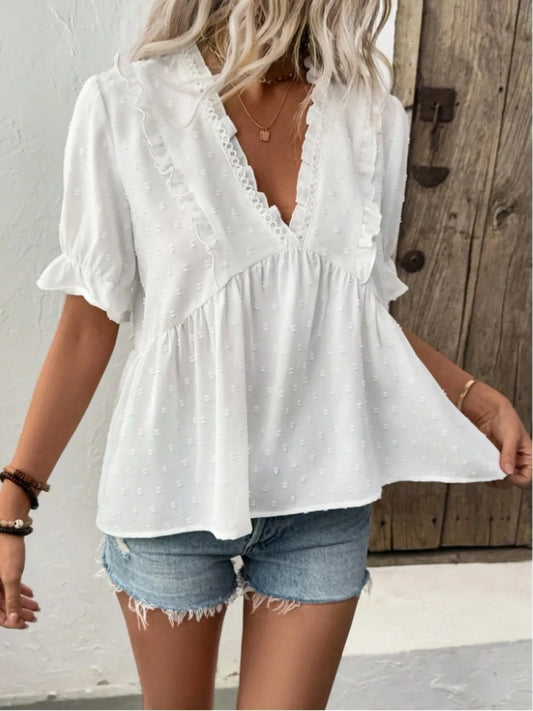 Trendsi Swiss Dot Ruffled V-Neck Blouse with Flounce Sleeves White