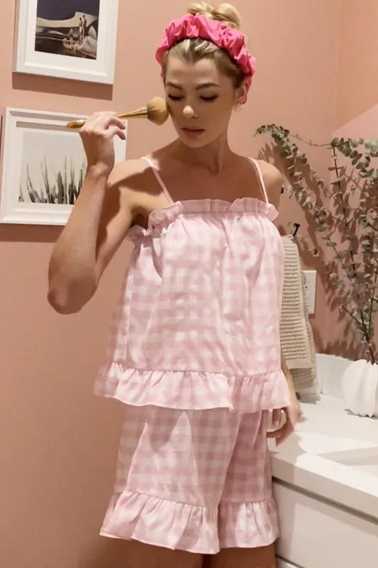Lime 'N' Chili Gingham Ruffle Trim Cami and Shorts Pajama Set PINK Easy Apparels
